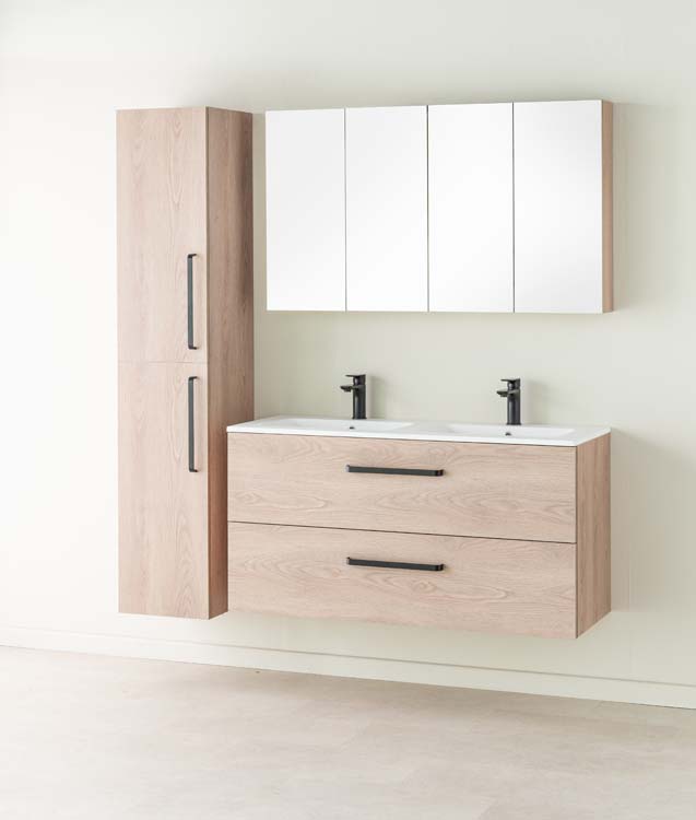 Badkamermeubel Bison eik hangend met dubbele wastafel mat wit 120cm