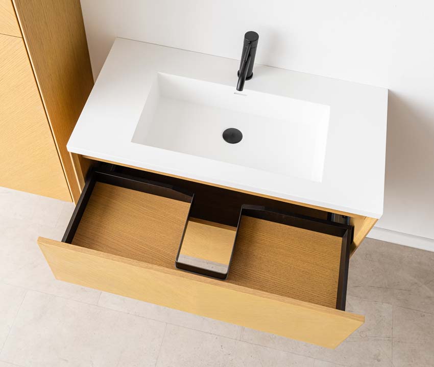 Meuble de salle de bains Waldorf chêne suspendu avec lavabo simple blanc mat 90cm