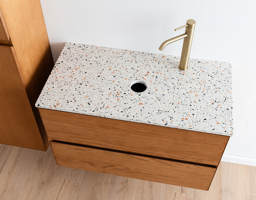 Badkamermeubel Fior eik hangend met enkel topblad terrazzo 90cm