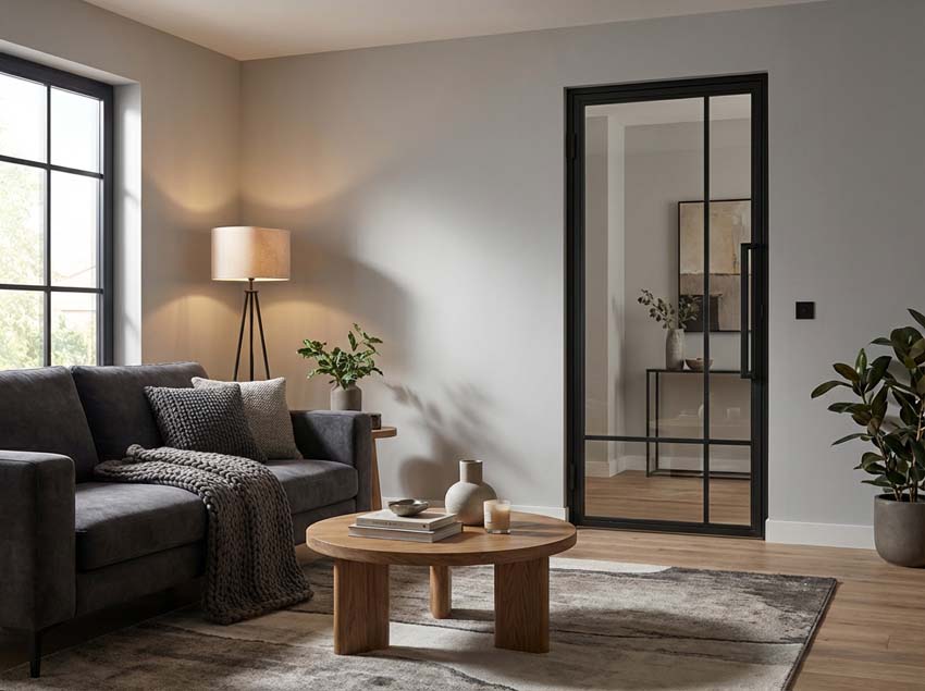 Porte intérieure simple en acier Tara noir 4V poussant à gauche sur mesure