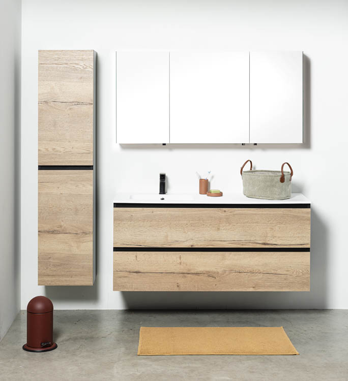 Meuble de salle de bains Dotan chêne suspendu avec lavabo simple à gauche blanc mat 140cm