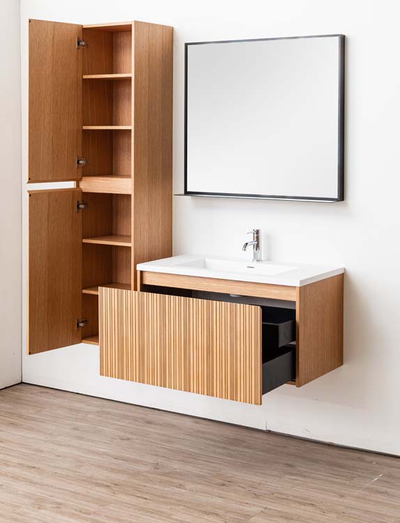 Meuble de salle de bains Warren afromosia suspendu avec lavabo simple blanc mat 90cm