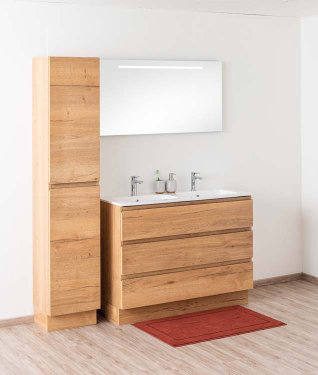 Badkamermeubel Daria eik goudbruin staand met dubbele wastafel glanzend wit 120cm