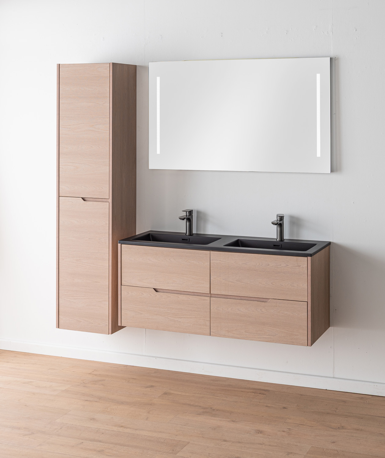 Badkamermeubel Tiago Nordic eik hangend met dubbele wastafel mat zwart 120cm