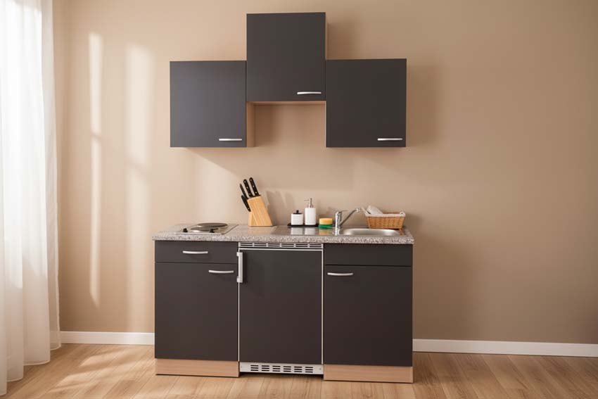 Cuisine gris/hêtre 150cm - plaque de cuisson en inox - sans appareils