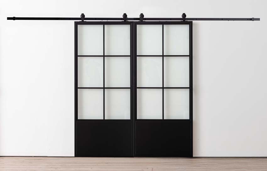 Porte coulissante double en acier complète Tyra 2x6R sur mesure + rail noir