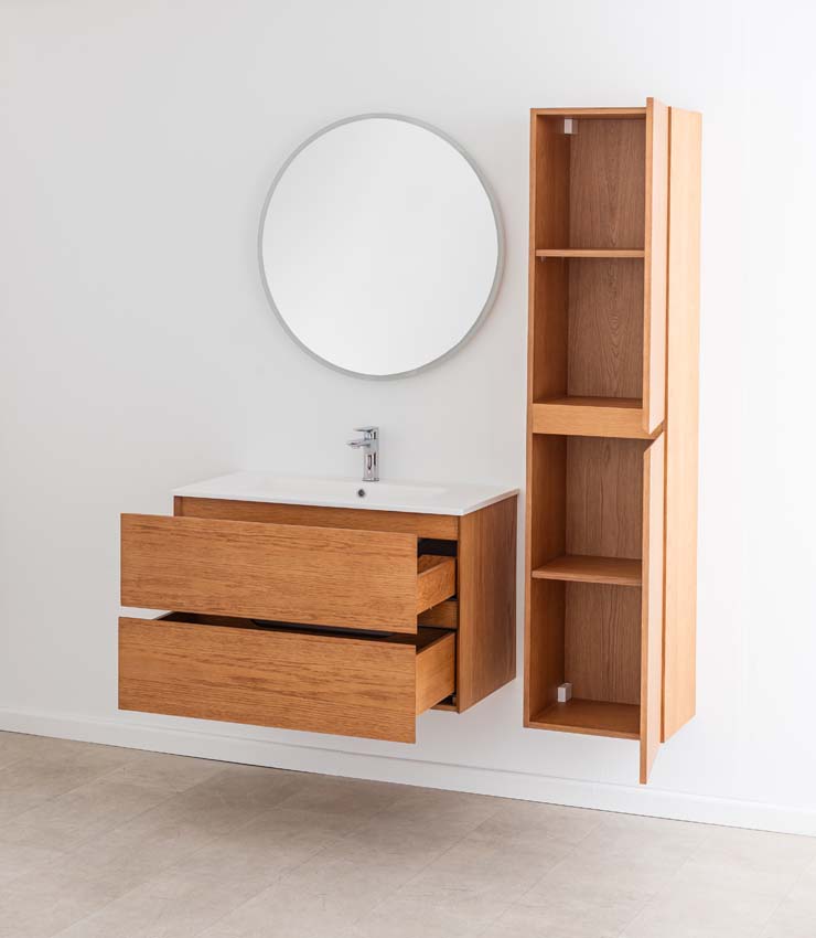 Meuble de salle de bain Fior chêne suspendu avec vasque simple blanc mat 90cm