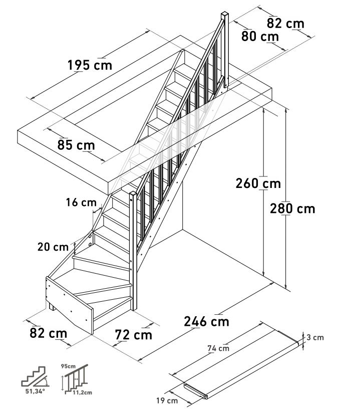 Gesloten trap den Hamburg met kwartslag rechts onder incl. leuning