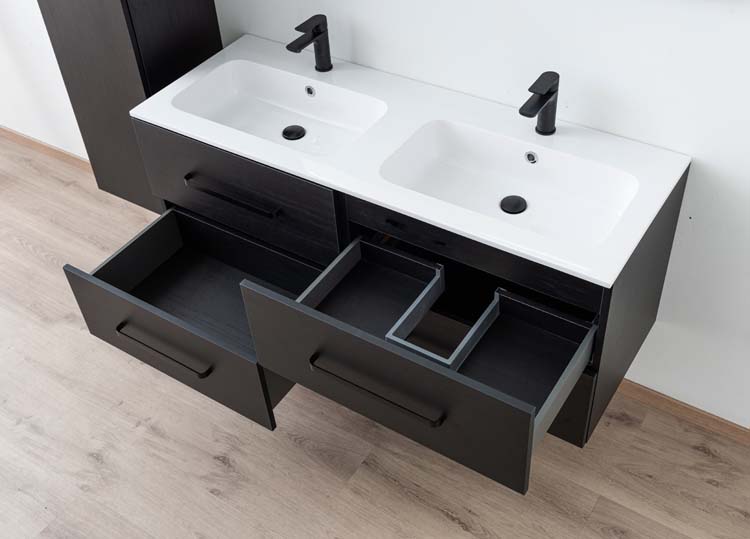 Meuble de salle de bains Plato noir suspendu avec lavabo double blanc brillant et poignées noires 140cm