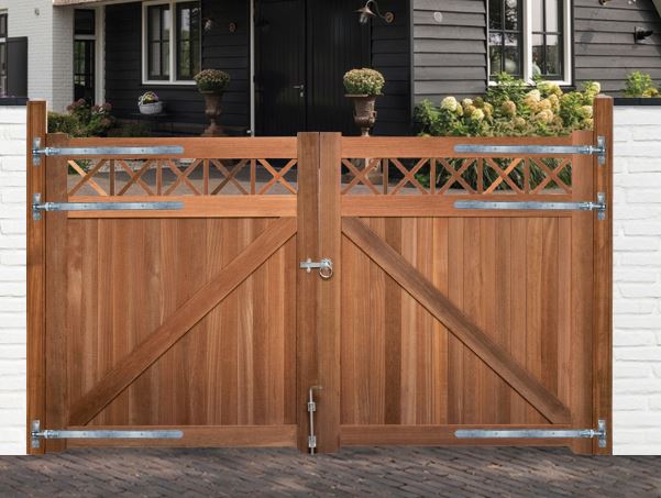 Double portail Bangkirai en bois 300x180cm avec treillis
