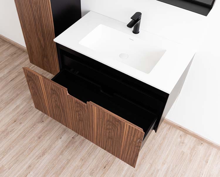 Meuble de salle de bains Willow noyer suspendu avec lavabo simple blanc mat 90cm Meuble de salle de bains Willow noyer suspendu avec lavabo simple blanc mat 90cm