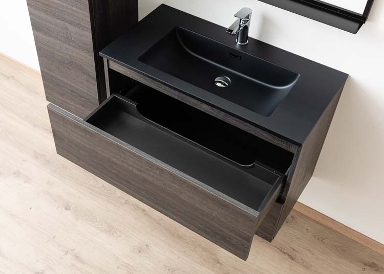 Meuble de salle de bains Dotan chêne foncé suspendu avec lavabo simple noir mat 90cm