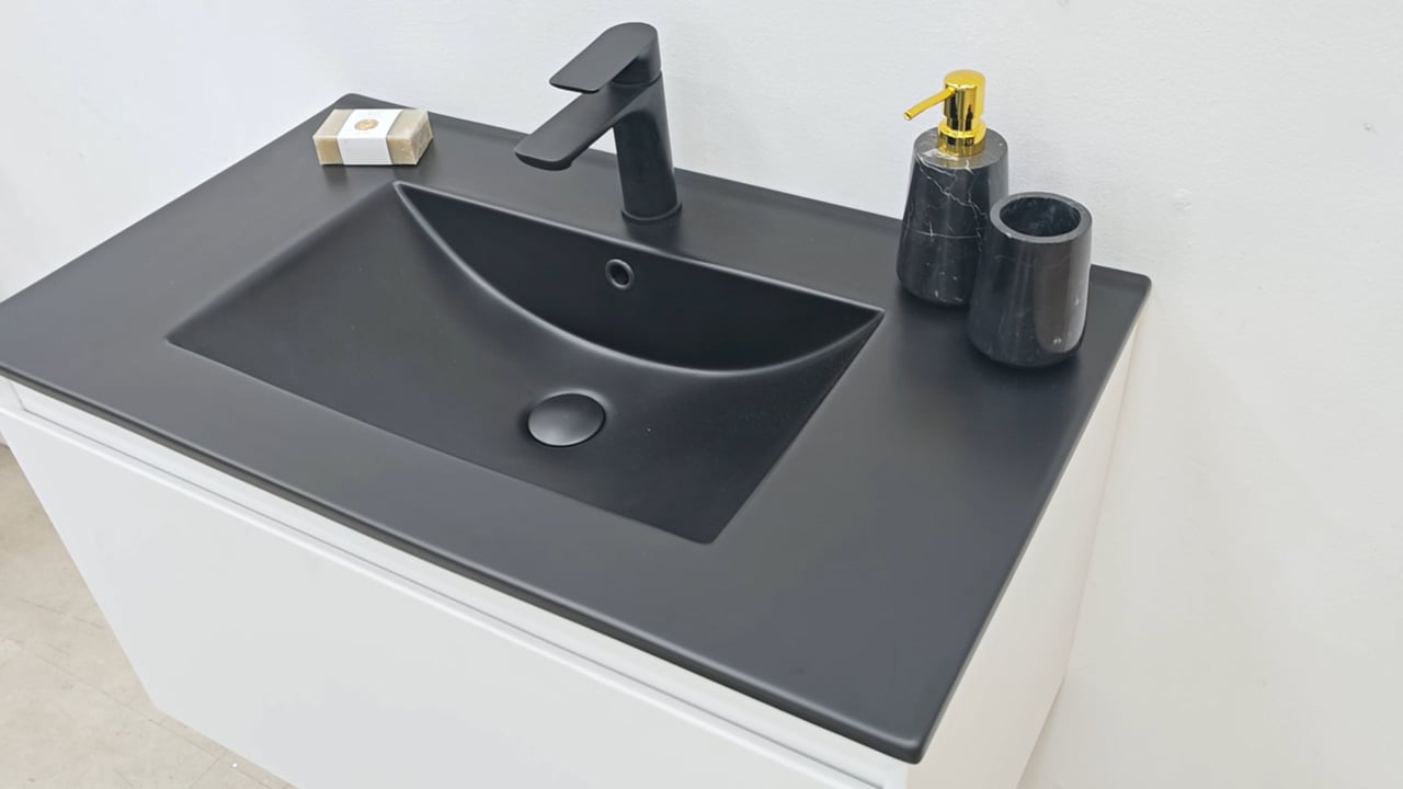 Meuble de salle de bains Arizona suspendu avec lavabo simple noir mat 80cm