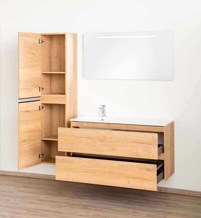 Meuble de salle de bains Daria chêne brun doré suspendu avec lavabo simple à gauche blanc brillant 120cm