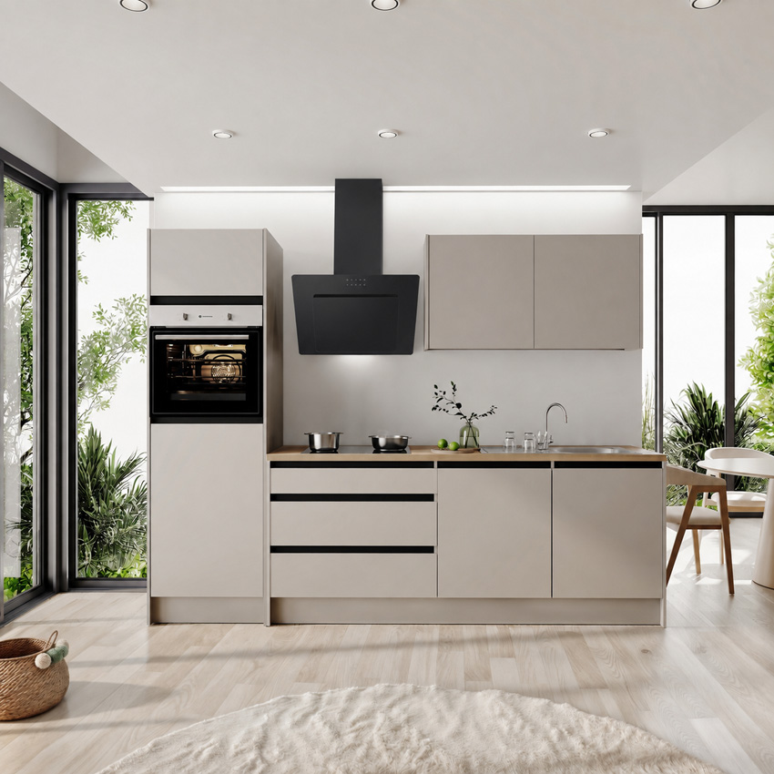 Keuken Berlin kasjmier 273cm - met toestellen - vitrokeramische kookplaat en zwarte wanddampkap