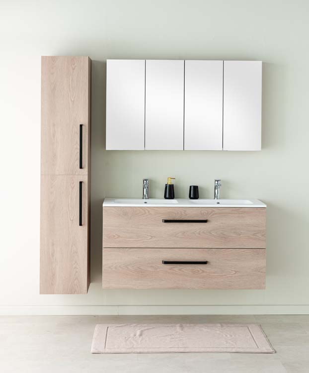 Badkamermeubel Bison eik hangend met enkele wastafel mat wit 120cm