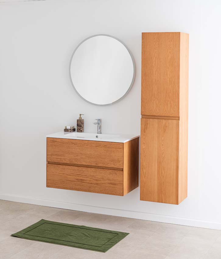 Meuble de salle de bain Fior chêne suspendu avec vasque simple blanc brillant 90cm