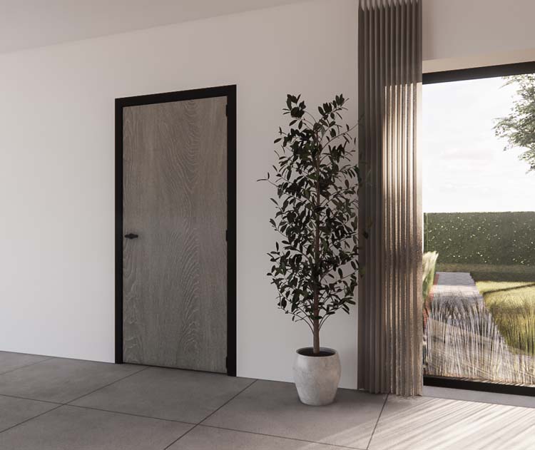 Porte intérieure complète Uran Grey Oak 201,5x78cm structure alvéolaire réversible + châssis noir 16,5cm