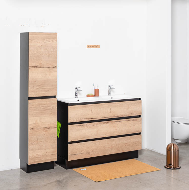 Meuble de salle de bain Dotan chêne/noir 1200 mm sur pied 2 lavabo mat