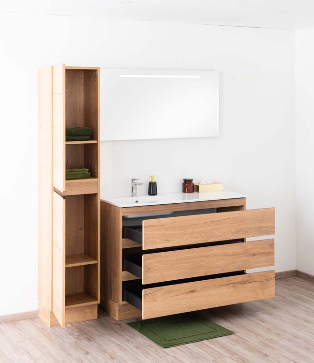 Meuble de salle de bain Daria chêne brun doré 1200 mm sur pied lavabo brillant gauche