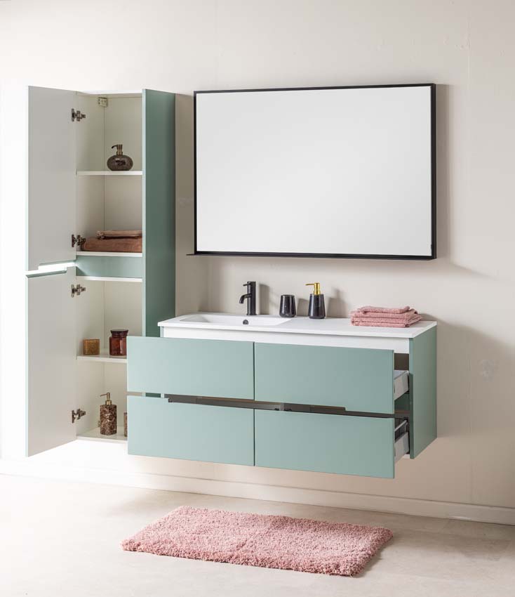 Meuble de salle de bains Truman vert gris suspendu avec lavabo simple à gauche blanc mat 120cm