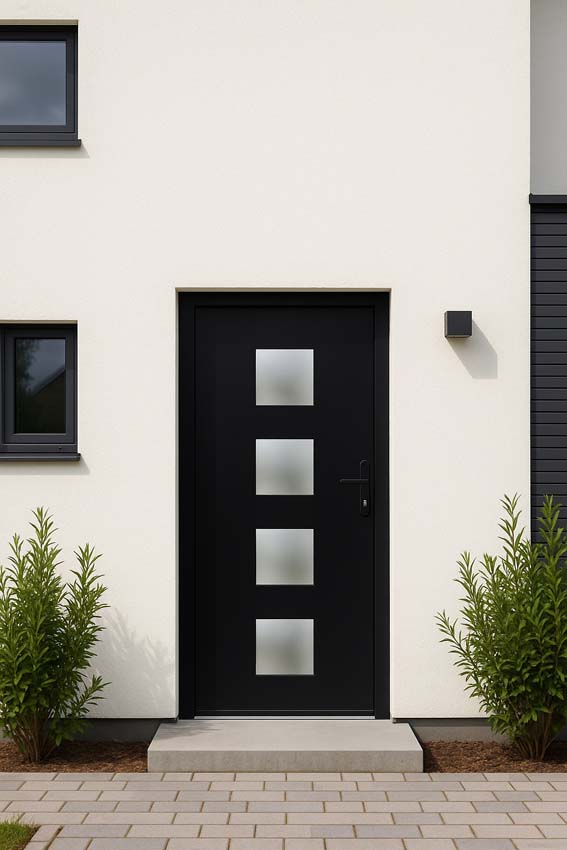 Porte extérieure 4 carrés PVC verre mat noir 980x2180mm ouvrant à droite