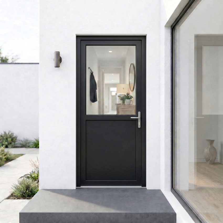 Porte extérieure semi-vitrée PVC verre triple vitrage clair noir/blanc ouvrant à droite sur mesure
