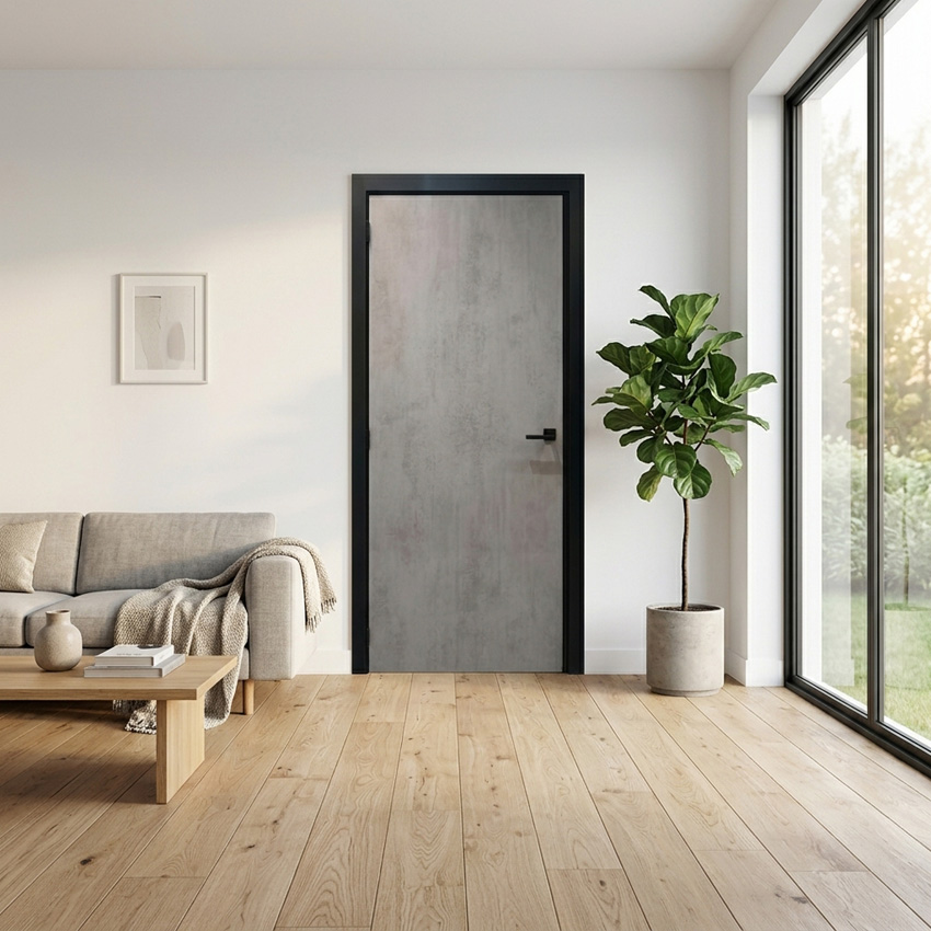 Complete binnendeur Industrial betonlook 201,5x63cm tubespaan omkeerbaar + zwarte deurkast 40cm