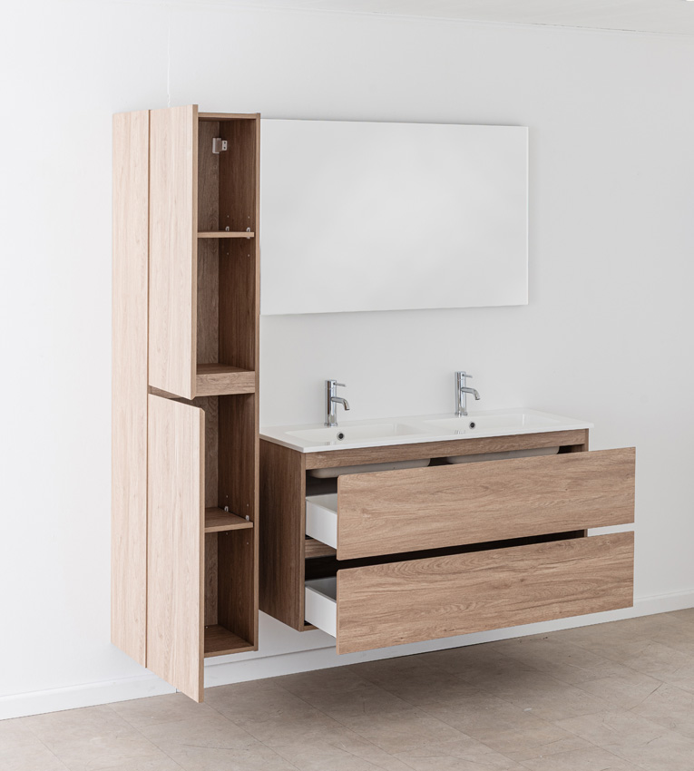 Meuble de salle de bain Bianca aspect chêne suspendu avec double lavabo blanc brillant 120,5cm