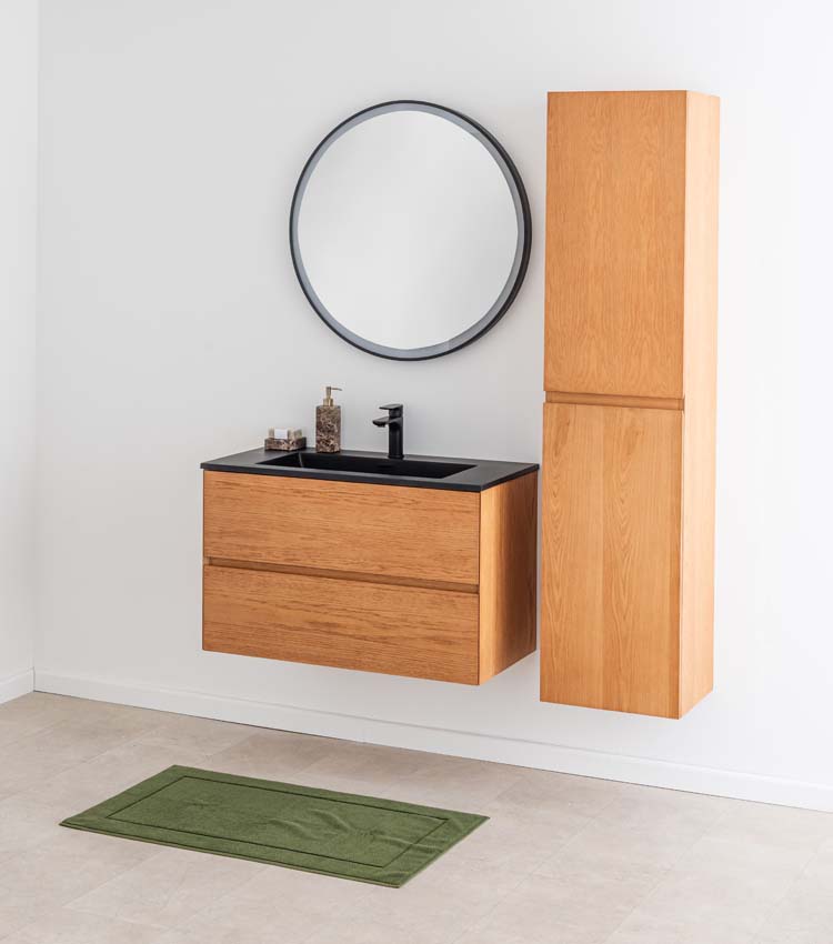 Meuble de salle de bain Fior chêne suspendu avec vasque simple noir mat 90cm