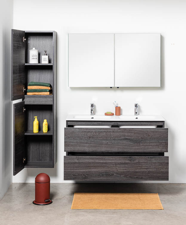 Meuble de salle de bains Dotan chêne foncé suspendu avec lavabo double blanc mat 120cm