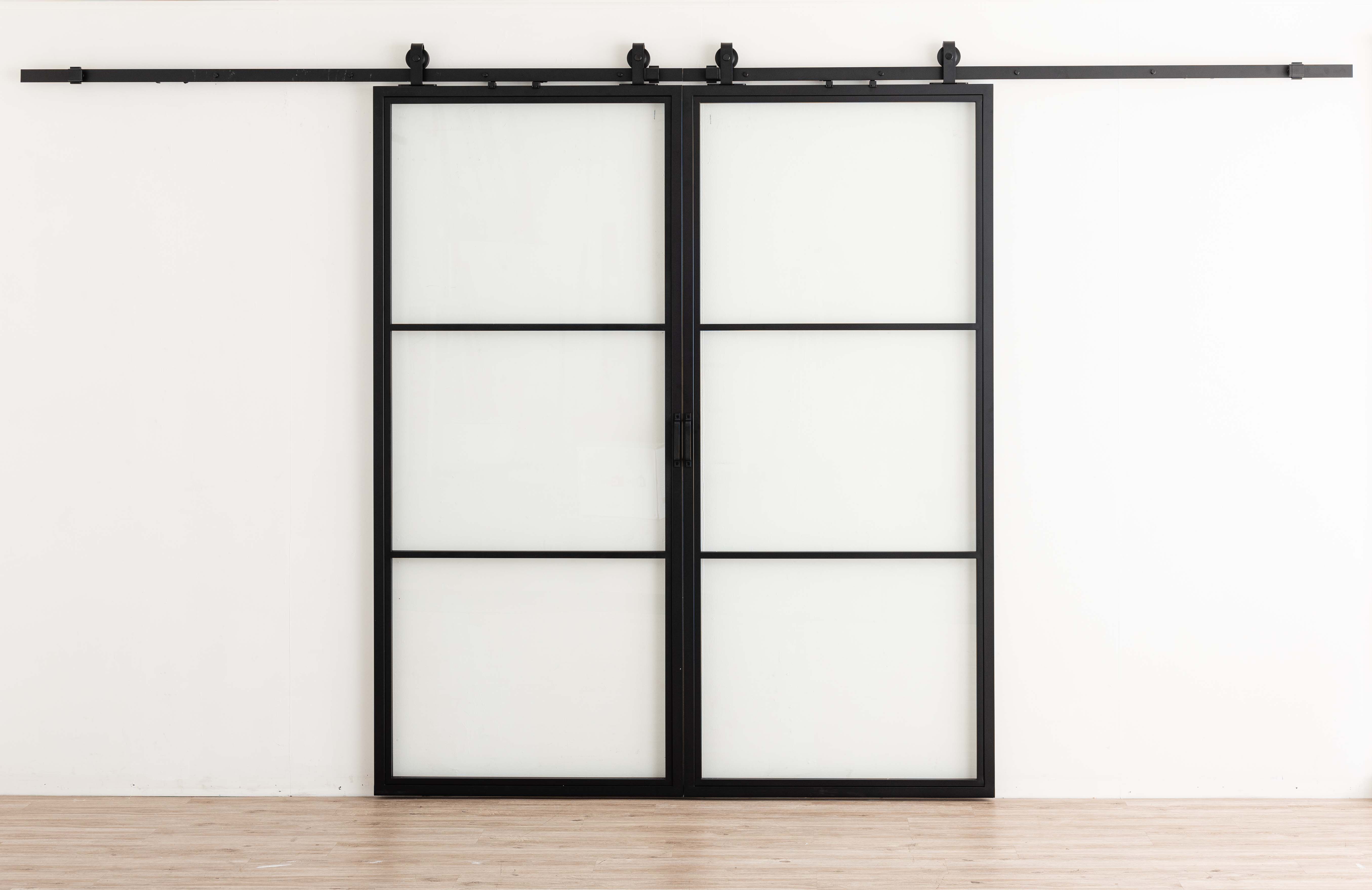 Porte coulissante double en acier complète Tyra 2x3R 93x213,4cm + rail noir