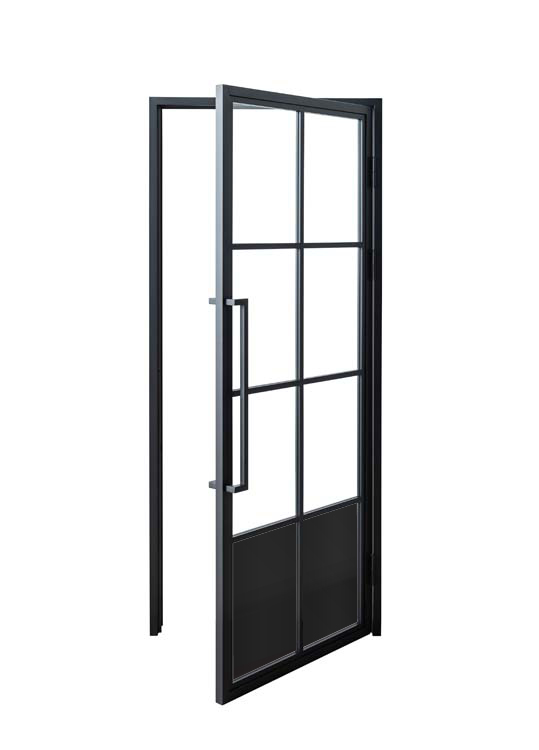 Porte intérieure en acier simple Tara 6W verre + panneau ouvrant à gauche sur mesure
