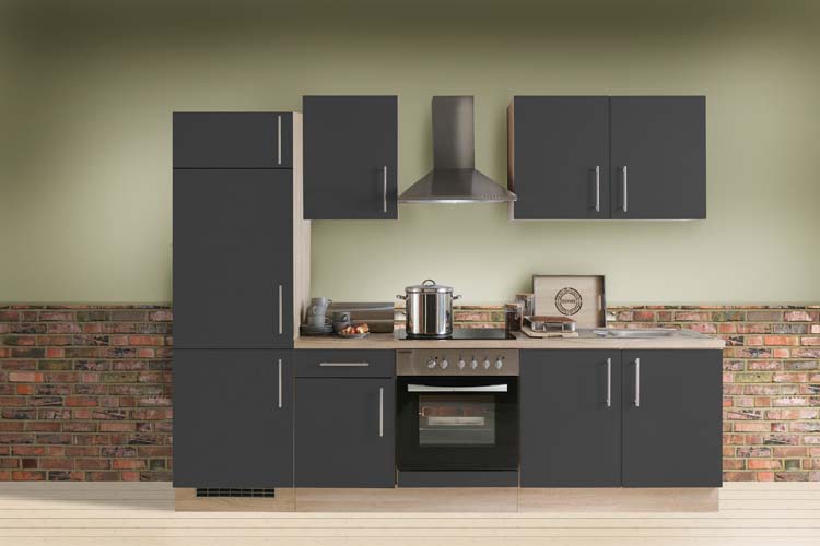 Cuisine Ymir grise mat/chêne 270cm - avec appareils - plaque de cuisson vitrocéramique et hotte murale en inox