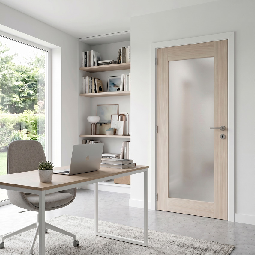 Porte intérieure complète Vento verre mat/bois massif 201,5x83cm réversible + châssis blanc 16,5cm