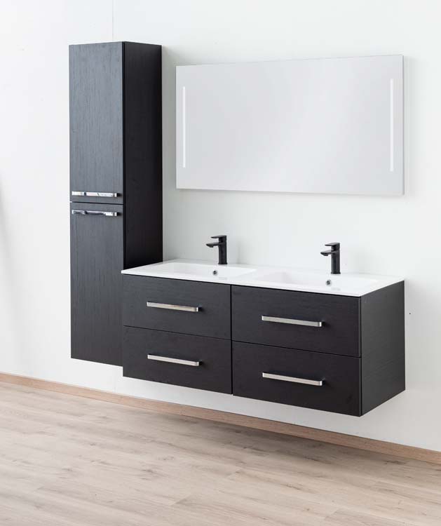 Meuble de salle de bains Plato noir suspendu avec lavabo double blanc brillant et poignées chromées 140cm