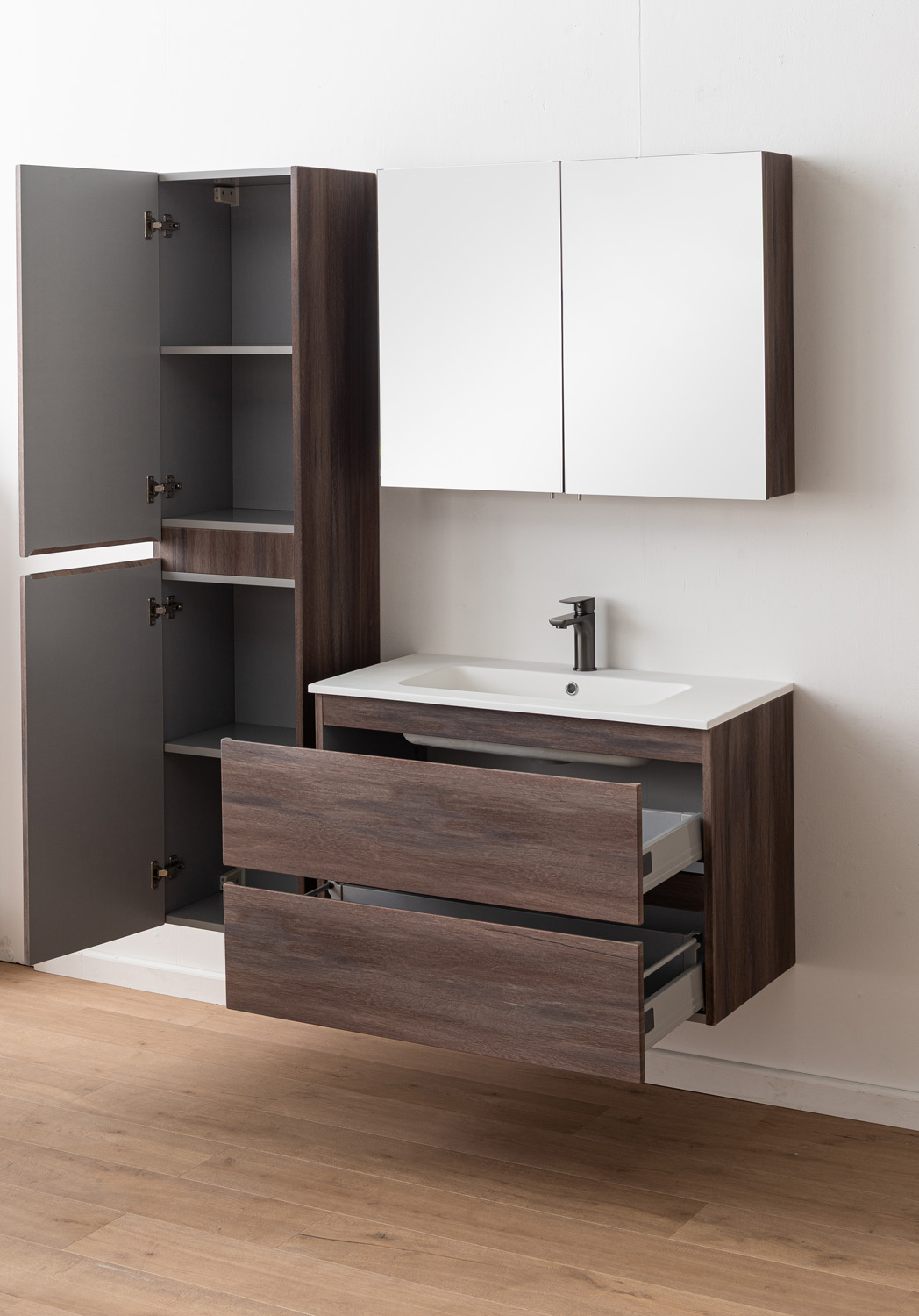 Meuble de salle de bains Tarik chêne ambré suspendu avec vasque simple blanc mat 90cm