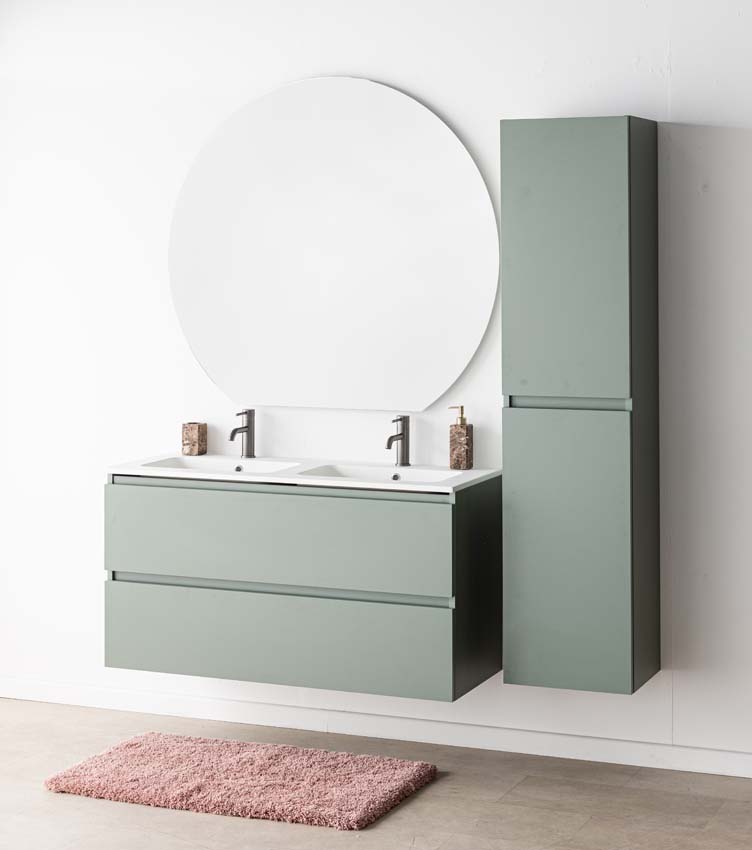 Meuble de salle de bain Dotan eucalyptus vert avec double lavabo blanc mat 120cm