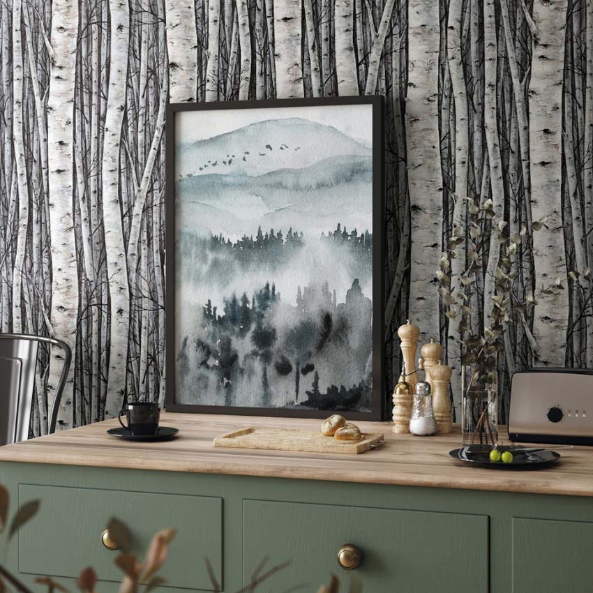 Vinyle sur papier peint intissé bouleau gris/beige 0,53x10m