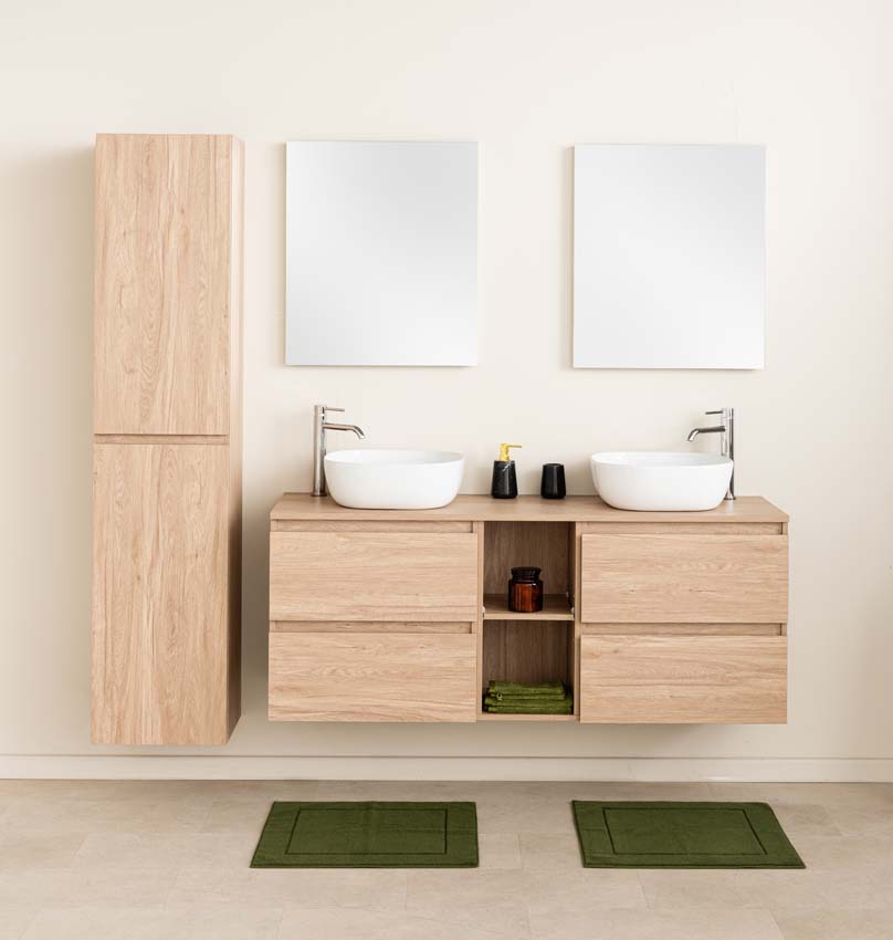 Meuble de salle de bain Bella aspect chêne 1500 mm lavabo double blanc brilliant Meuble de salle de bain Bella aspect chêne 1500 mm lavabo double blanc brilliant