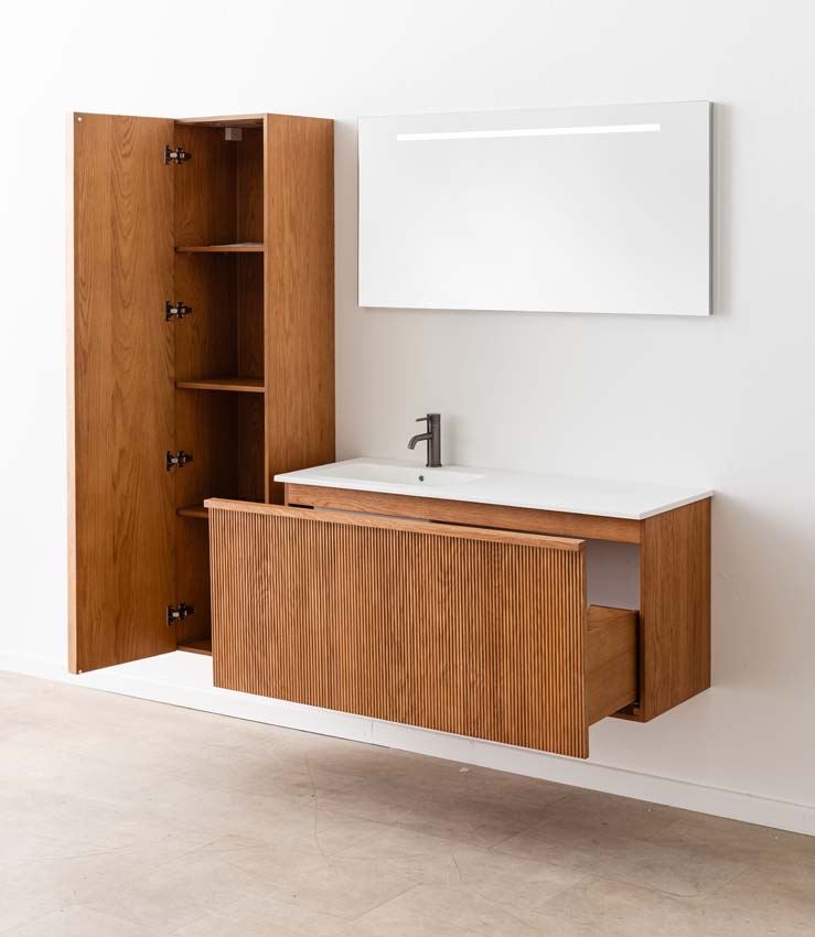 Meuble de salle de bain Fae chêne suspendu avec vasque simple blanc mat 120cm