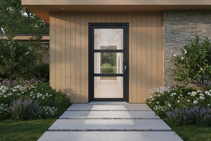 Porte extérieure 3 parties PVC verre clair anthracite/blanc 980x2180mm ouvrant à droite