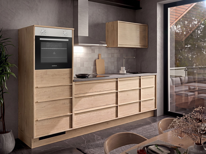 Keuken Nara eik 264cm - met toestellen - vitrokeramische kookplaat en inox wanddampkap