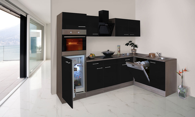 Cuisine d'angle noire/chêne foncé 280x172cm - avec appareils - plaque de cuisson vitrocéramique et hotte murale noire