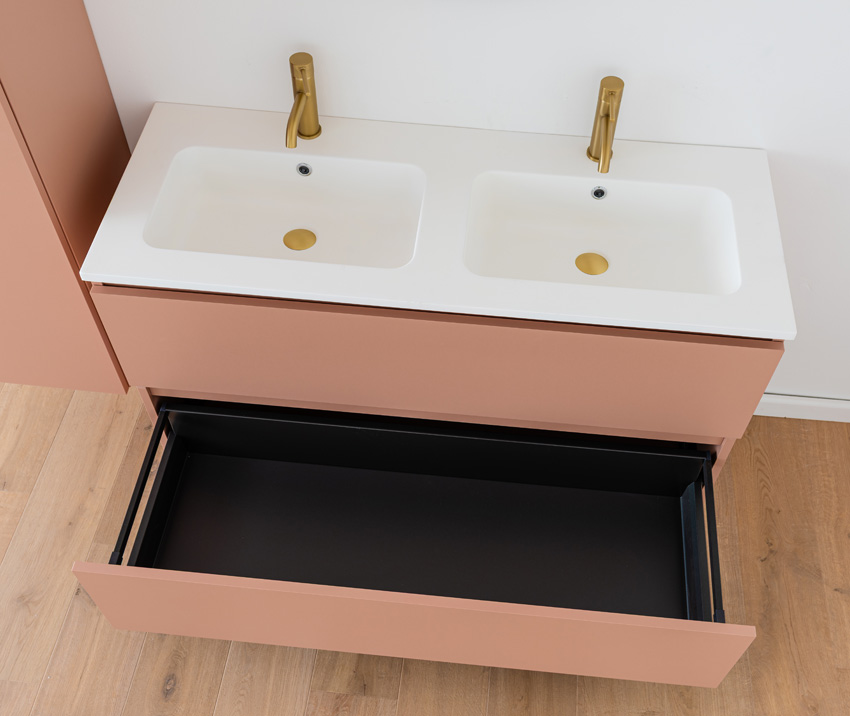 Badkamermeubel Dotan abrikoos hangend met dubbele wastafel mat wit 120cm
