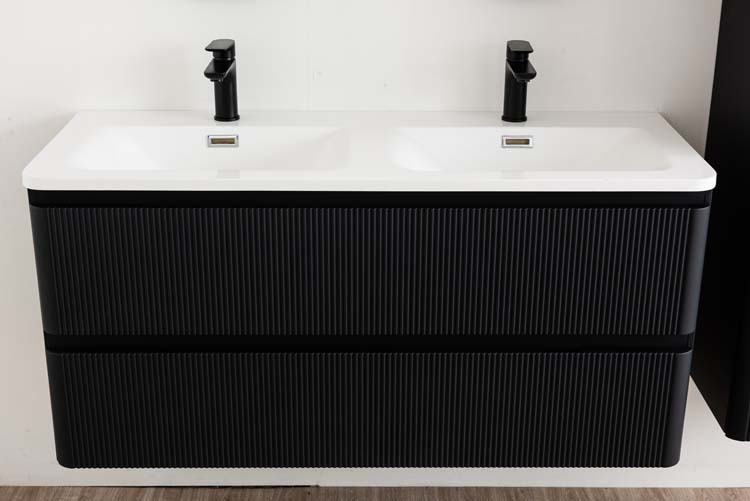 Meuble de salle de bains Julia noir mat suspendu avec lavabo double en marbre minéral blanc brillant 120cm