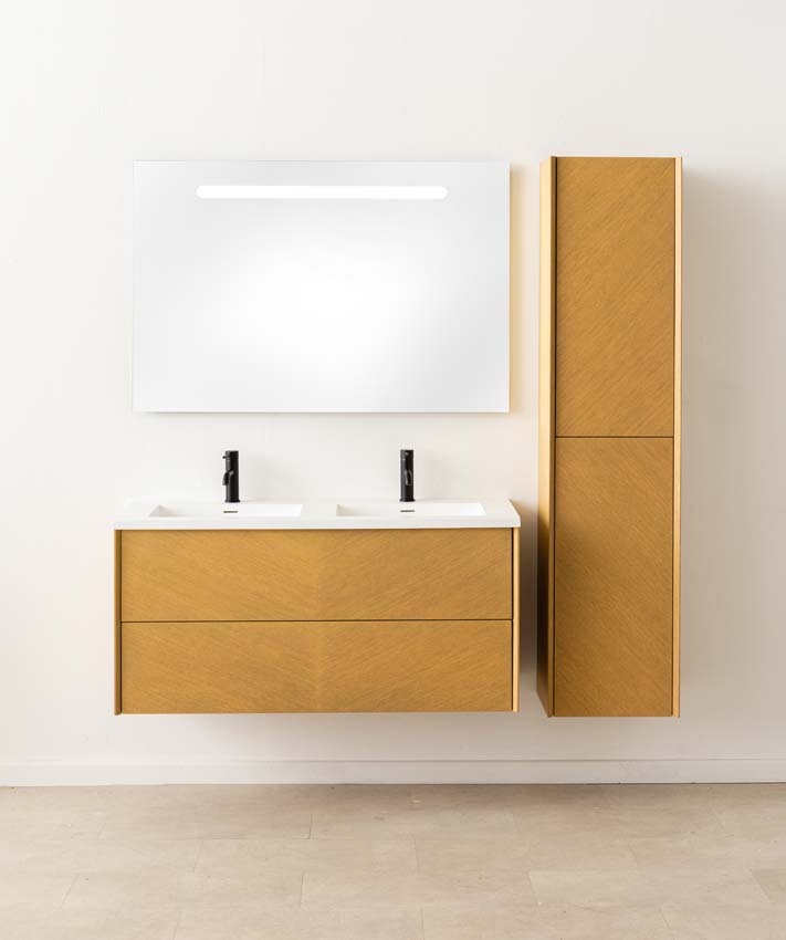 Badkamermeubel Waldorf eik hangend dubbele wastafel solid surface 120cm