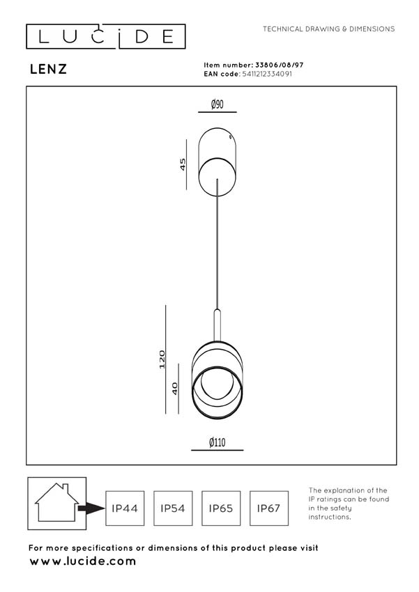 Lucide Essential Lenz - Suspension intérieur/extérieur - Ø11cm - LED - 1x8W 2700K - IP54 - Brun rouille