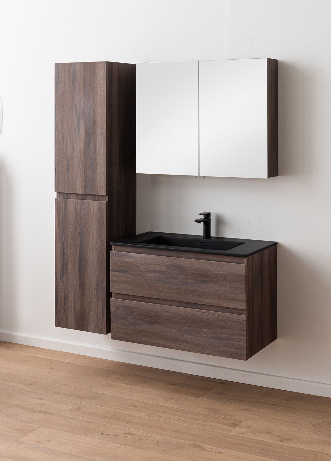 Meuble de salle de bains Tarik chêne ambré suspendu avec vasque simple noir mat 90cm