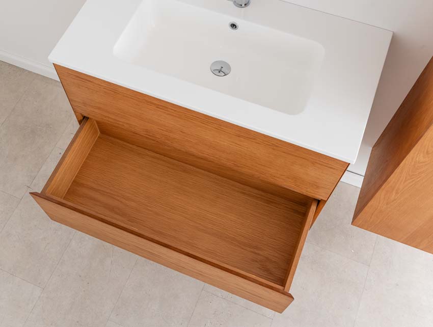 Meuble de salle de bain Fior chêne suspendu avec vasque simple blanc brillant 90cm